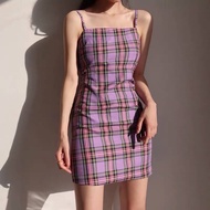 Panda.shop ✨ ชุดเดรสสายเดี่ยวลายสก๊อต ผ้าลื่น ( ไม่มีเสื้อคลุม )  #5610✨