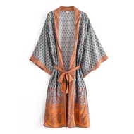 Vintage Chic Women Floral Print Sashes Bohemian Happie Kimono Dress Ladies V Neck Batwing Sleeves Be