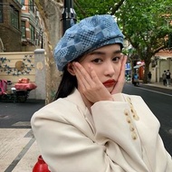 淺藍色格仔牛仔布畫家帽 貝雷帽 Blue denim checked pattern painter hat cap