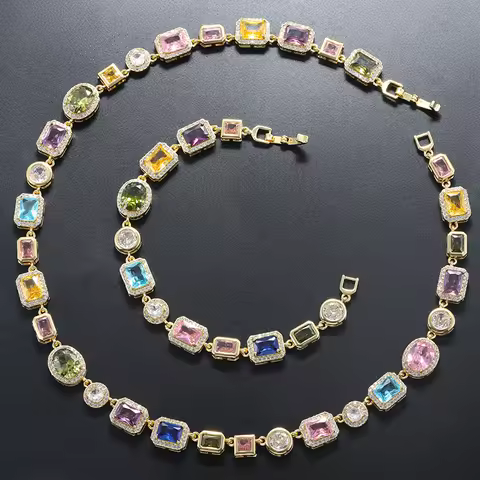 Colorful Mosaic Geometric Zircon Bracelet/Necklace Set Hip-Hop Retro Unisex Couple's 18K Gold-Plated