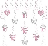 Sweet 16 Hanging Swirl, 16th Girls Birthday Party Hanging Decoration Cheers to 16 Years Party Foil S