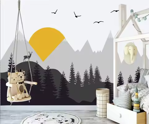 Customize any size murals Nordic modern geometric mountain peaks pine forest elk children interior 3