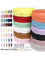 20 Colors, #3 Nylon Zipper, 1 Set (177.16inch/450cm/5 Yards Zipper + 10 Matching Zipper Pulls), Vari