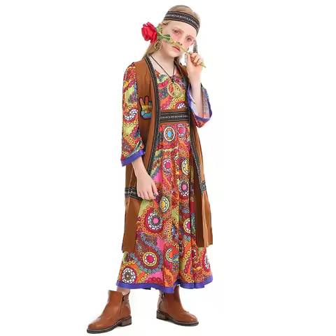 Kids Girls Halloween 60s 70s Vintage Hippie Fringe Floral Costume Dress Child Indian Native Hippy Fu