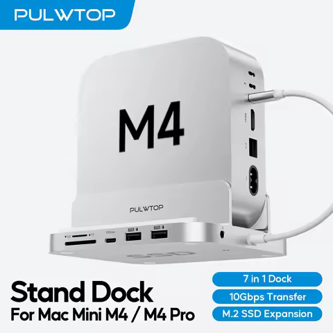 PULWTOP Vertical Mac Mini M4 Hub with M.2 SSD Enclosure, USB A/C 3.2, Audio Mic, SD/TF, USB-C Hub fo