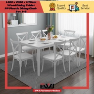 EWJ PP 3401 Plastic Dining Chair-White+T9986 Wood Dining Table Set 1+8 Morden Murah Cantik Meja Maka
