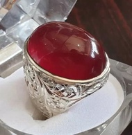 男士葉門赤玉髓戒指 大顆紅色葉門瑪瑙戒指 天然大橢圓瑪瑙