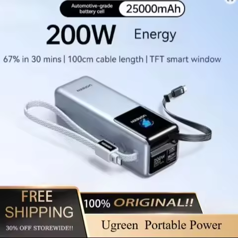 NEW Ugreen PB728 200W 25000MAH Power Bank with Display Screen 65cm Data Cable 3C Certification Porta