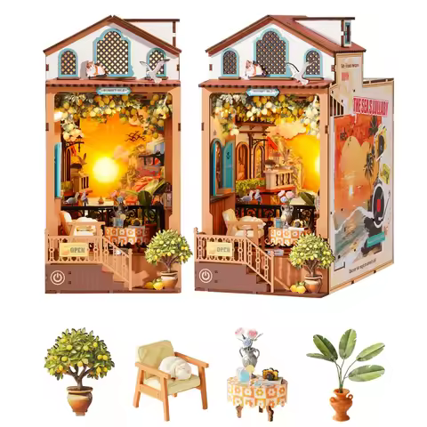 Rolife DIY Book Nook Kit Sunset Isle Bookends Wooden 3D Puzzle Model Building Kit for Bookshelf Deco