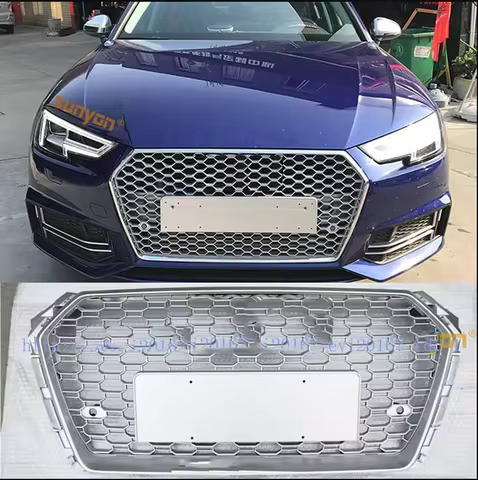 RS4 style Honeycomb Silver Grill Grille For Audi A4 S4 B9 2017 17 2018 18 2019 19 Chorme Trim Rings