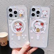 CrashStar MagSafe Lucky Cat Cute Cartoon Transparent Soft Phone Case For iPhone 15 14 Pro Max Plus 13 12 11 Pro Max Wireless Charging Phone Cover Casing With Full Cover Lens Camera Protection