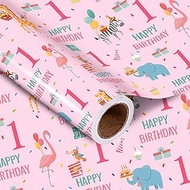 LeZakaa 1st Birthday Wrapping Paper Roll - Pink Happy Birthday with Cute Animal Design for Age1 Baby