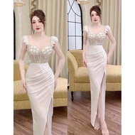 SIZE>60KG SUPER LUXURY BODY DRESS WITH STONE SLEEVES AND FEATHERS