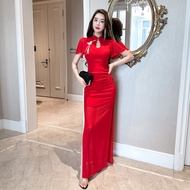 ชุดเดรสยาวโปร่งใสสไตล์จีนใหม่สำหรับผู้หญิง ชุดราตรี KTV คอปกสูง แขนยาว ทรงเอ เอวสูง ชุดเดรสยาวปานกลา