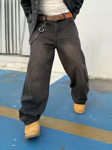 1Pc Men's Wide Pants Brushed Jeans Wide Jeans Y2K New Rocks Jeans Buggy Black Hip-Hop Pants