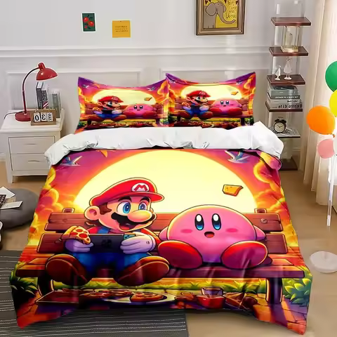 3D Anime Super Mario Cartoon Duvet Cover Soft Skin-Friendly Breathable Bedding Set with Zipper for K