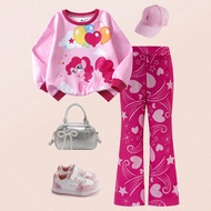 2pcs/Set Young Girl Cute Pink Pony, Rainbow, Balloon, Cloud Print Round Neck Drop Shoulder Long Slee