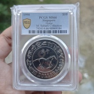 PCGS koin 10 dollar Singapura 1990 shio kuda MS 66