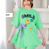 S59 ชุดเซ็ท แขนสั้น-ขาสั้น สกรีนลาย S M I L E ยิ้ม ติดโบว์ ผ่าข้าง
