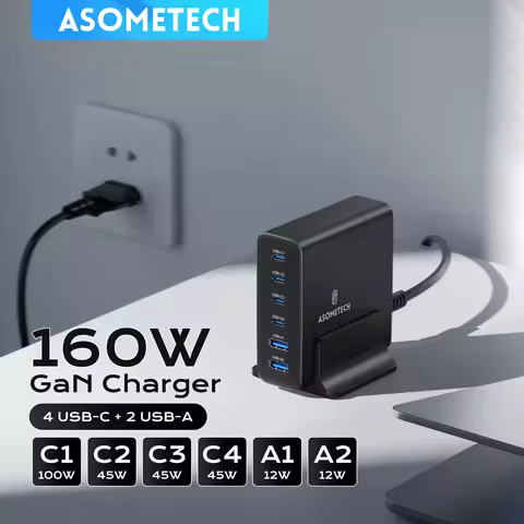 ASOMETECH 160W GaN USB C Charger 6 Port USB Desktop Fast Charge Station 65W 45W PPS PD Charger For L