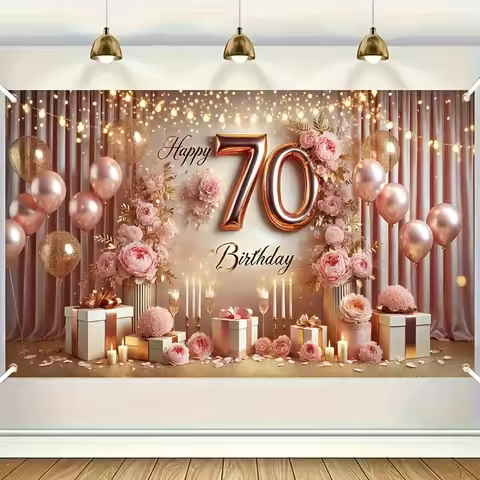 Elegant 70th birthday party background - rose red and pink floral design, with balloons, candles and