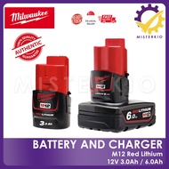 Milwaukee M12  3.0Ah and 6.0Ah Red Lithium Battery, M12 B3, M12 B6 with Charger, Authentic