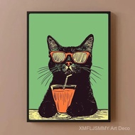 Retro Black Cat Drink Poster: Quirky Bar Art Prints, Colorful Prints, Trendy Prints, Green Prints, A
