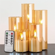 Eywamage 5 Pack Gold Glass Flameless LED Candles with Remote, Flickering Realistic Slim Tall Battery Christmas Candles D