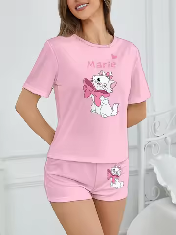 Women's Disney Marie Cat Cute Cartoon Love Printed Pattern Short Sleeves and Shorts Pajamas Home Clo