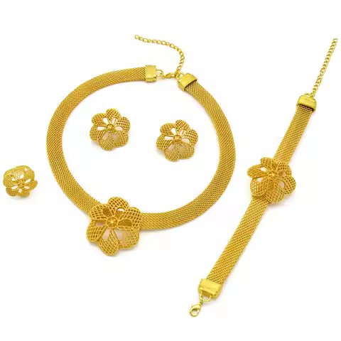 24K Gold AU999 Bride Flower Jewelry Set - 3D Rose 4-Piece (Bracelet+Earrings+Ring+Necklace), Luxury 
