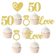 36Pcs 50th Wedding Anniversary Cupcake Toppers 50th Golden Wedding Cupcake Picks Glitter Heart Ring 