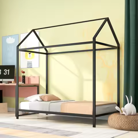 House Bed Frame Twin Size , Kids Bed Frame Metal Platform Bed Floor Bed for Kids Boys Girls No Box S
