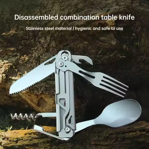 Outdoor Stainless Steel Multifunctional Camping Folding Knife Fork and Spoon Camping Equipment Panie