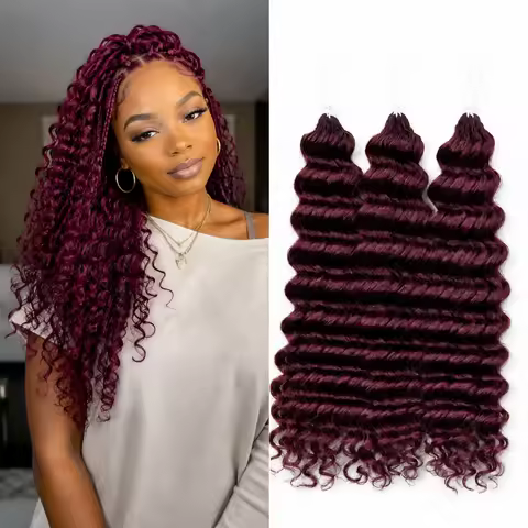 99J Burgundy Deep Wave Feather Crochet Human Hair Extensions Miracle Knots Knotless Pre-Separated Re