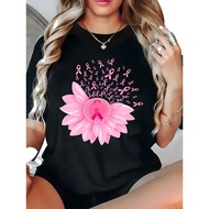Plus Size, Plus Size Cervical Cancer Awareness Ribbon Pink Chrysanthemum & Ribbon Print