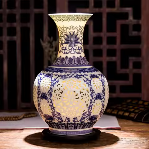 Jingdezhen Hollow Ceramic Vase Chinese Blue And White Pierced Vase Living Room Decoration Porcelain 