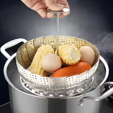 Stainless Steel Stretchable Handle Folding Steamer Homemaker Stainless Steel Food Steamer