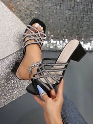 女性黑色童話風方頭細跟涼鞋,夏秋季戶外穿著時尚法式鑲鑽高跟鞋