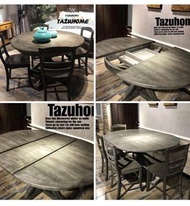 法式復古做舊橡木全實木典雅瑰麗可伸縮多功能圓餐枱...連餐椅組合. 高質素做工,頂級做舊工藝.線條大方優美. 放係邊都優雅大方,充滿品味! 現一枱四凳超級特價. 圓餐枱呎吋:120X120X77 CM