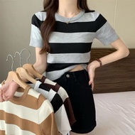 95115 Korean Version Simple CROP Top Round Neck Short Sleeve Striped knit
