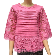 เสื้อลินินคอปาดแต่งลูกไม้คอตตอนนิ่ม อก 38" 40" 42" 44" 46" 48" 50" อินกะออย สีไวน์แดง/ส้ม/บานเย็น/กล