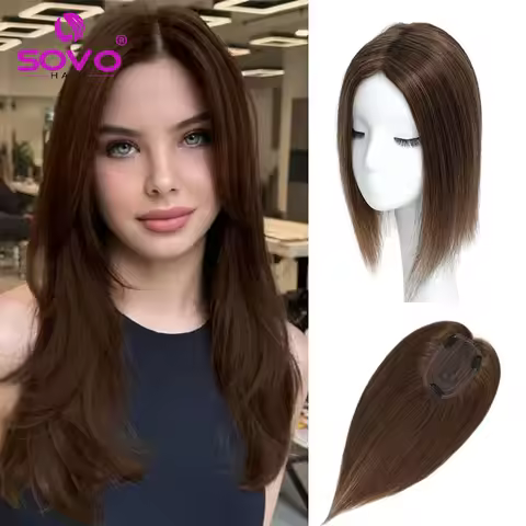 SOVO Straight Hair Toppers Clip Hair Extensions Brazilian Remy Human Hair 8*10cm Dark Brown Clips Ha