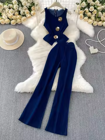 Faionable round Ne Svel Denim Vest Metal Bule Design High Waist Wide Leg Pants Set Women's Spring Ca