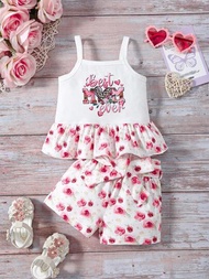 新生兒女寶寶愛心和字母印花仙女背心,帶有花卉圖案拼接背心+可調節腰帶短褲夏季服裝