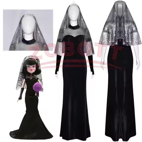 Anime Hotel Transylvania 4 Cosplay Mavis Costume Black Wedding Dress with Headscarf Set Performance 