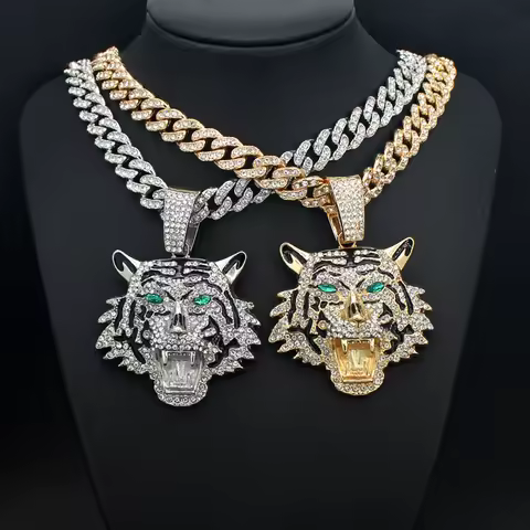 Hip Hop Big 3D Tiger Pendant Necklace Crystal Cuban Chain HipHop Iced Out Bling Necklaces Men Women 
