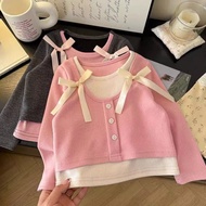 Girls Sweet Fake Two-Piece T-Shirt Top 2025 Spring Children's T-Shirt Fashionable Fashionable Long-S