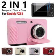For Kodak Pixpro FZ55 Camera Silicone Case Protective Cover with 2Pcs Tempered Glass Screen Protecto