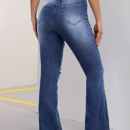 修身彈力洗水喇叭褲 破洞設計 女裝牛仔褲- 藍色 XS