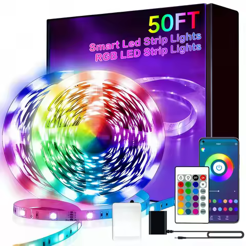 50FT Bedroom LED Strips Light, Color-hanging LED Strips Set, with 24-key Remote Control and Intellig